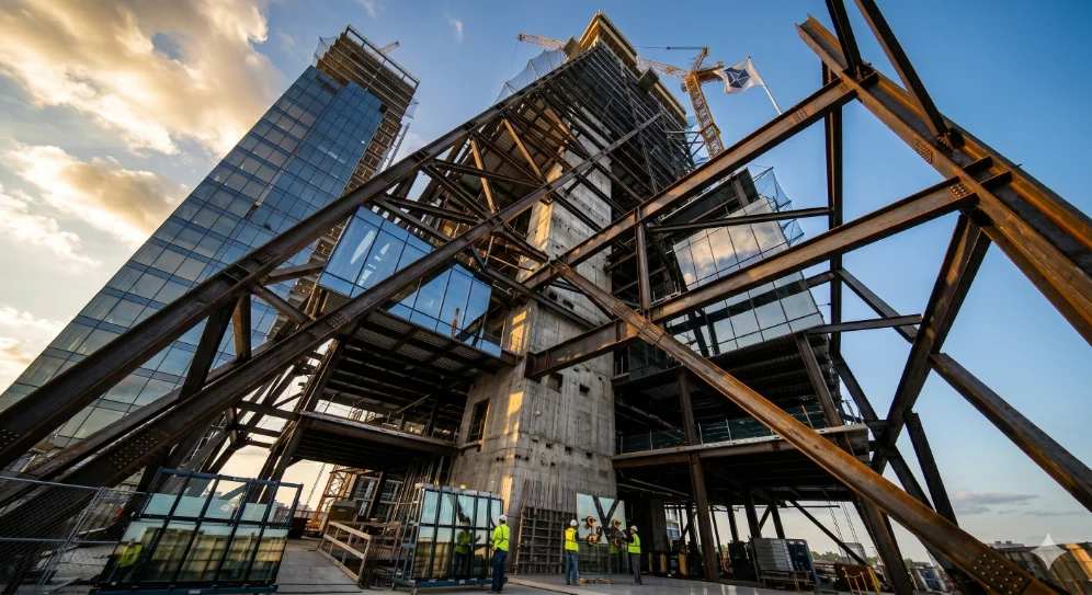 Steel-framed tower under construction at sunset